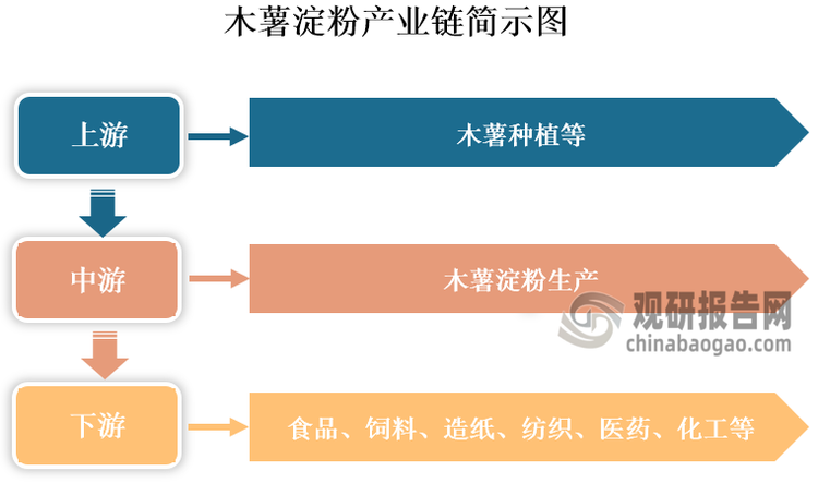 木薯淀粉是一種由木薯經(jīng)過淀粉提取后脫水干燥而成的粉末, 具有粘度高、酸度低、高彈性、糊化透明好、潔白細膩等特點。其產(chǎn)業(yè)鏈上游包括木薯種植等環(huán)節(jié)；中游為木薯淀粉生產(chǎn)；下游為應用領(lǐng)域，其被廣泛用于食品、飼料、造紙、紡織、醫(yī)藥、化工等領(lǐng)域。