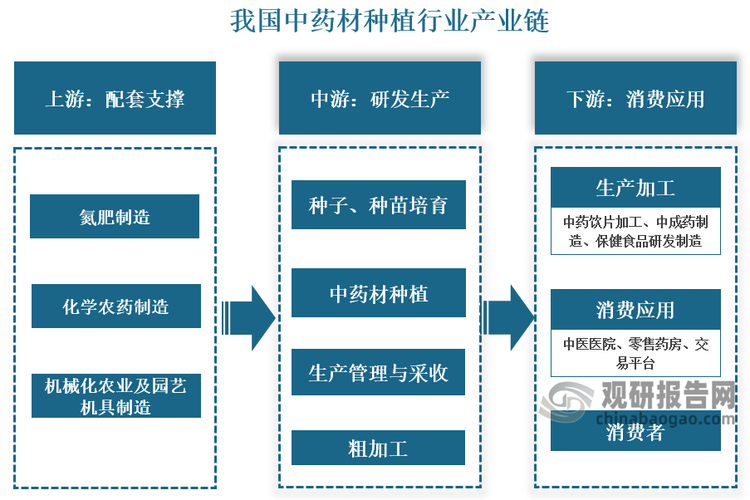 产业链来看，中药材种植产业上游环节依托化学农药、肥料及土壤处理、园艺等产品或服务，中游环节经过育苗、种植、生产管理、采收与粗加工等，向下游环节的中药饮片加工、中成药制造、保健食品研发制造等提供原料，并最终为中医医院、药材市场等消费终端提供产品。