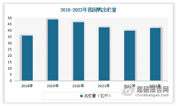 我國(guó)鴨出欄量正在逐步恢復(fù)并保持穩(wěn)定增長(zhǎng)。受2018年豬瘟疫情的影響，2019年鴨出欄量急速增加至48.78億只，但隨后在2020年和2021年，由于新冠疫情的影響，出欄量增速放緩并有所下降。但到了2023年，出欄量恢復(fù)到42.18億只，同比增長(zhǎng)5.40%，顯示出行業(yè)正在逐步恢復(fù)并保持穩(wěn)定增長(zhǎng)。