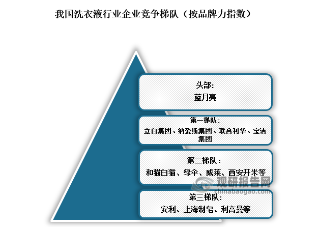 按品牌影響力指數(shù)來分，我國洗衣液企業(yè)可分為四個梯隊，藍月亮遙遙領先其他所有品牌，為頭部企業(yè)；第以梯隊包括立白、納愛斯、聯(lián)合利華；第二梯隊企業(yè)包括威萊集團、上海和黃白貓、西安開米等；第梯隊的眾多洗滌用品知名度和銷售范圍則更小，市場占有率較低。