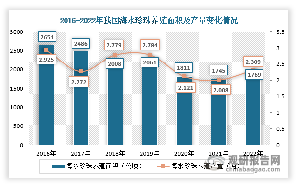 与淡水养殖相比，海水珍珠养殖在我国起步较晚，养殖规模较小，且仅在广东省和广西壮族自治区有分布。近年来，随着全球变暖，珍珠养殖海域温度升高，加上海水污染，使得海水珍珠养殖难度和人工成本增加，促使其养殖面积整体呈现下降态势，由2016年的2651公顷下滑至2022年的1769公顷。同时，其产量呈现波动变化态势，2022年达到2.309吨，同比增长14.99%。