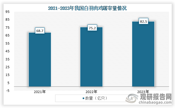 从屠宰量来看，2021年到2023年我国白羽肉鸡屠宰量一直为增长趋势，到2023年我国白羽肉鸡全年屠宰量约为82.5亿只，折合1900万吨产品。