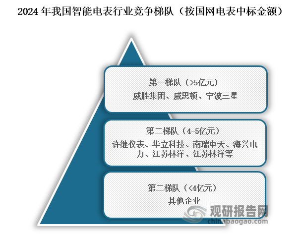 从行业竞争格局来看，位于我国智能电表行业第一梯队的企业为威胜集团、威思顿、宁波三星，中标金额在5亿元以上；位于行业第二梯队的企业为许继仪表、华立科技、南瑞中天、海兴电力、江苏林洋、江苏林洋等，中标金额在4-5亿元之间；位于行业第三梯队的企业则为其他企业，中标金额在4亿元以下。