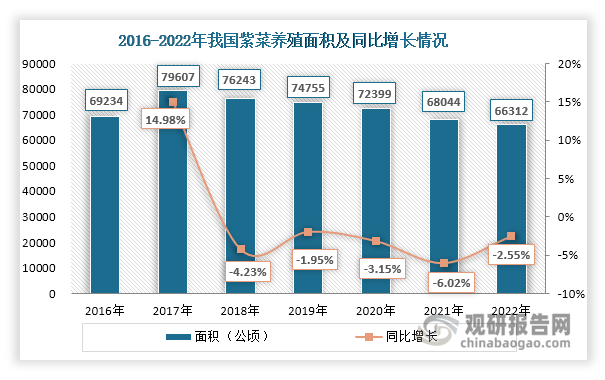 2017年我国紫菜养殖面积达到79607公顷，为近年来历史顶峰；此后由于海洋生态红线保护区域划定，紫菜养殖空间受限。再加上环保治理推进、海况变化、海水温度上升等因素影响，许多原有紫菜养殖水域滩涂逐步退出养殖功能，使得其养殖面积不断缩减，2022年降至66312公顷，同比下滑2.55%。不过，随着紫菜育种和养殖技术的提高，我国紫菜养殖产量整体呈现上升态势，由2016年的131285吨增长至2022年的217658吨。同时其单位面积产量也整体呈现上升态势，由2016年的1.9吨/公顷上升至2022年的3.28吨/公顷。