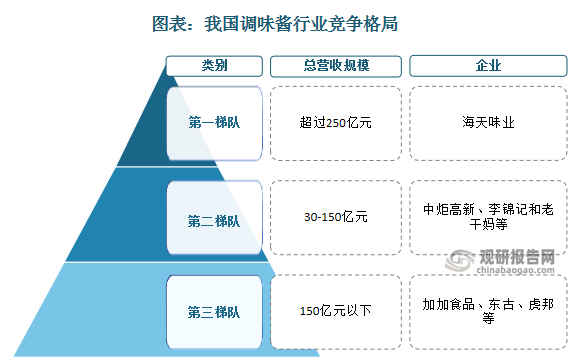 调味酱行业第一梯队代表公司为海天味业，其调味酱产品品类全面，总营收规模超过250亿元；第二梯队代表企业包括中炬高新、李锦记和老干妈等，总营收在30-150亿元之间；第三梯队代表企业包括加加食品、东古、虎邦等其他中小型调味酱生产公司。此外，部分新兴调味酱品牌也在不断涌现，通过创新产品和市场营销策略来争夺市场份额。