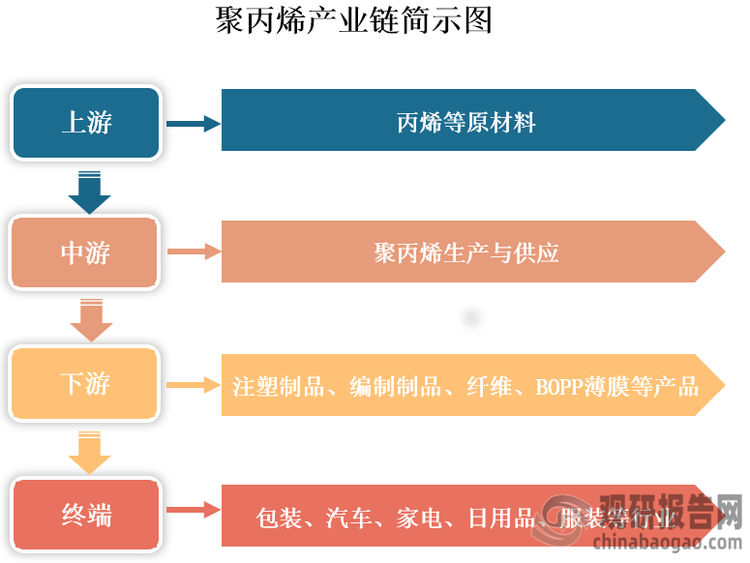 聚丙烯（PP）是由丙烯單體通過(guò)加聚反應(yīng)制成的熱塑性聚合物，通常呈白色蠟狀固體，無(wú)毒、無(wú)味，外觀透明且質(zhì)地輕盈。從產(chǎn)業(yè)鏈看，其上游主要為丙烯等原材料；中游為聚丙烯生產(chǎn)與供應(yīng)；下游為應(yīng)用領(lǐng)域，其具有輕巧、耐磨損、抗菌性和易染色等特性，并且能夠抵抗多種有機(jī)溶劑和酸堿腐蝕，因而被廣泛用于生產(chǎn)注塑制品、編制制品、纖維、BOPP薄膜（雙向拉伸聚丙烯薄膜）等產(chǎn)品，終端應(yīng)用涉及包裝、汽車、家電、日用品、服裝等行業(yè)。