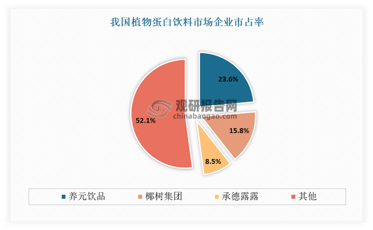 目前养元饮品、椰树集团、承德露露、达利食品、维他奶国际是我国植物蛋白饮料市场头部企业。其中养元饮品占比最高，市占率为23.60%；其次是椰树集团，市占率为15.80%；第三是承德露露，市占率为8.50%。