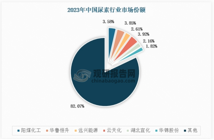 目前我国尿素行业市场集中度相对较低。虽然存在一些规模较大的尿素生产企业，但整个行业的市场分散度仍然较高。从占比来看，2023年，我国主要尿素上市企业中，阳煤化工占比为3.58%，华鲁恒升占比为3.85%，远兴能源占比为2.61%，云天化占比为3.92%，湖北宜化占比为2.16%，华锦股份占比为1.82%。