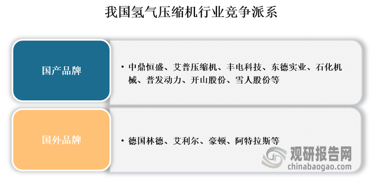 竞争派系来看，我国氢气压缩机行业主要为国产品牌和国外品牌两大竞争派系。国外品牌主要有的德国林德、艾利尔、豪顿、阿特拉斯等；国产品牌主要包括中鼎恒盛、艾普压缩机、丰电科技、东德实业等。