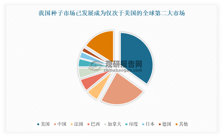 发展到目前，我国种子市场已发展成为仅次于美国的全球第二大市场，每年种子需求量约1200万公吨,市场价值约190亿美元；七种主要作物（玉米、水稻、小麦、大豆、棉花、马铃薯和油菜籽）的种子用量约为1000万吨，市场价值为135亿美元‌。