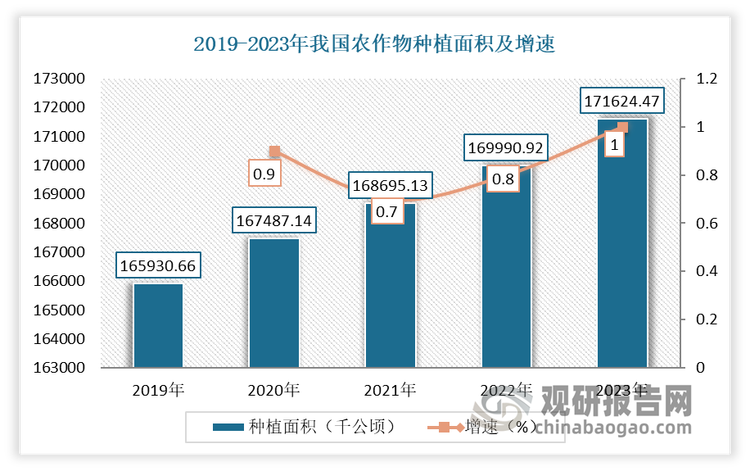我国是农业大国，农作物种植量大，对种子有着巨大的需求量。有数据显示，2023年我国农作物种植面积为171624.47千公顷。全国粮食播种面积为118969千公顷，同比增长0.5%。‌谷物播种面积为99926千公顷，同比增长0.7%。从细分谷物产量来看，2023年我国稻谷种植面积2895万公顷，比上年减少50万公顷‌；小麦种植面积2363万公顷，比上年增加11万公顷‌；玉米种植面积4422万公顷，比上年增加115万公顷‌；大豆种植面积1047万公顷，比上年增加23万公顷‌。