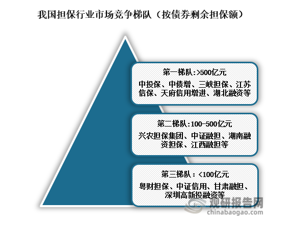 競爭梯隊(duì)來看，根據(jù)債券剩余擔(dān)保額級(jí)別不同，我國擔(dān)保行業(yè)競爭企業(yè)劃分為三個(gè)競爭梯隊(duì)。第一梯隊(duì)擔(dān)保機(jī)構(gòu)債券剩余擔(dān)保額超過500億元，如中投保、中證信用和三峽擔(dān)保等；第二梯隊(duì)擔(dān)保機(jī)構(gòu)債券剩余擔(dān)保額在100-500億元之間，代表性公司有興農(nóng)擔(dān)保集團(tuán)和中證融擔(dān)等；第三梯隊(duì)由眾多剩余擔(dān)保額不足100億元的擔(dān)保機(jī)構(gòu)構(gòu)成，其中包括粵財(cái)擔(dān)保、甘肅擔(dān)保等。