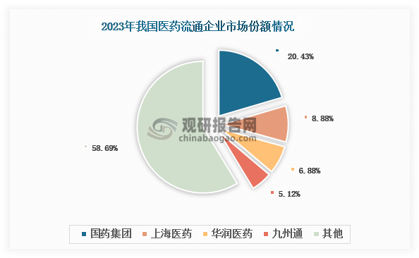 目前，我国医药流通行业基本形成了“4+N”的竞争格局。“4”指国药集团、上海医药、华润医药和九州通四大全国性医药流通企业；“N”指区域性龙头企业，包括华东医药、南京医药、瑞康医药、广州医药等。其中，国药集团市场份额排名第一，2023年达到20.43%；上海医药、华润医药和九州通分别达到8.88%、6.88%和5.12%。