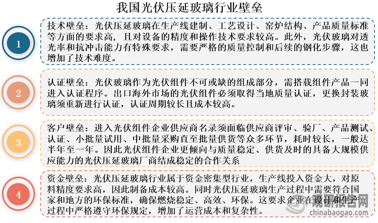 光伏压延玻璃对于工艺水平要求高，且生产线投入资金大，是典型的技术及资金密集型行业，同时其还存在较高的认证和客户壁垒，行业进入门槛较高。因此新进入者难以在短期内形成规模效应，行业竞争主要集中在少数具备技术优势且已经形成规模的企业之间展开，市场集中度较高。数据显示，截至2023年12月底，国内光伏压延玻璃在产企业共42家（按集团企业算），其中福莱特、信义等企业为行业龙头，产能产量在国内处于领先地位。