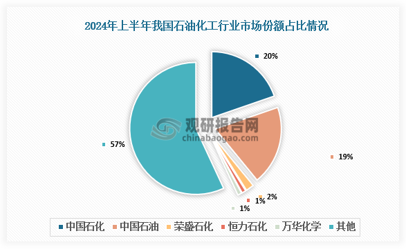 市场份额来看，2024年上半年，两大龙头企业中国石油、中国石化的总市场份额占到了整个石油和化工行业的39.1%，其中，中国石化市场份额排名第一，占比约19.7%。