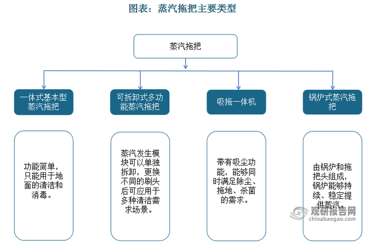 蒸汽拖把行业起步于20世纪初，当时采用较为简单的蒸汽发生技术。随着科技的不断进步，蒸汽拖把经历了革命性的改变。新一代蒸汽拖把利用高温蒸汽快速杀灭细菌、病毒和微生物，同时也可以轻松清洁地板、地毯和其他家居表面，成为家庭清洁的重要工具。近年来，智能化、便携式设计、可调节蒸汽强度以及多功能附件的加入，使得蒸汽拖把种类日渐丰富，主流产品分为四类，进一步提高了用户体验。