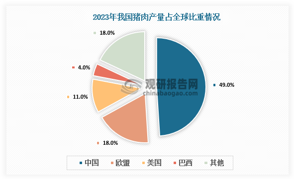 产量占比来看，2023 年我国猪肉产量 5650 万吨，占全球 49%；2023年欧盟、美国产量占比分别为 18.61%、10.73%。