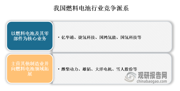 竞争派系来看，我国燃料电池行业企业可以分为两大竞争派系，一是以亿华通和捷氢科技等为代表的建立之初便聚焦燃料电池业务的企业;另外是潍柴动力、雪人股份等从其他制造业向燃料电池行业拓展的整体实力较强的企业。