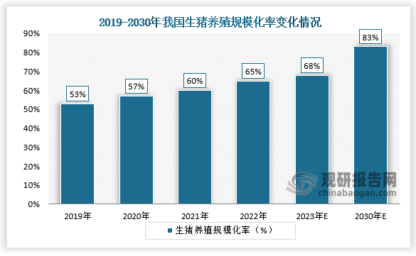 规模化率来看，我国生猪养殖规模化占比提升。2023年我国规模化养殖率超68%，2030年规模化养殖率目标为83%。