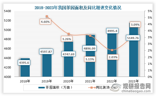 茶叶是重要的经济作物，在我国农业经济中占有重要地位。从种植情况来看，2018年到2023年我国茶园面积为持续增长趋势，到2023年我国茶园面积5149.76万亩，同比增加154.36万亩，增幅3.09%，已开采茶园面积为4650.16万亩，同比增加110.27万亩。