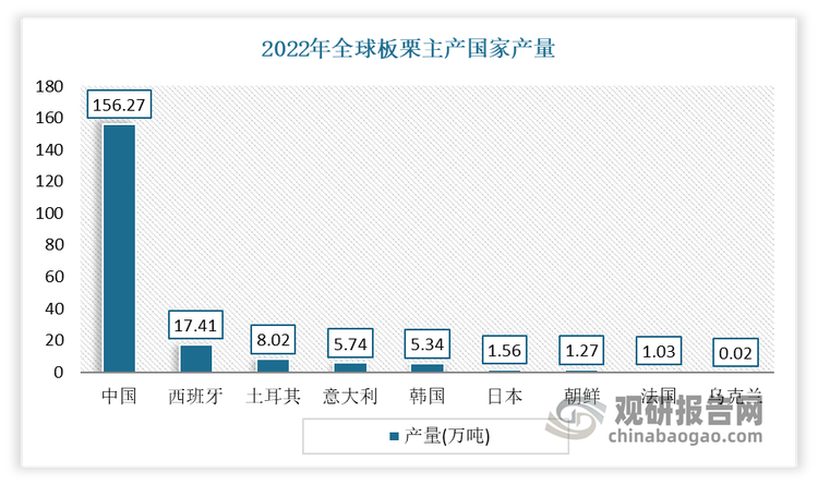 我国是世界上最大板栗生产国，产量占比近3/4。有数据显示，2022年全球板栗产量达213.12万吨。其中中国板栗产量156.27万吨，占全球板栗总产量的73.32%（近3/4）。