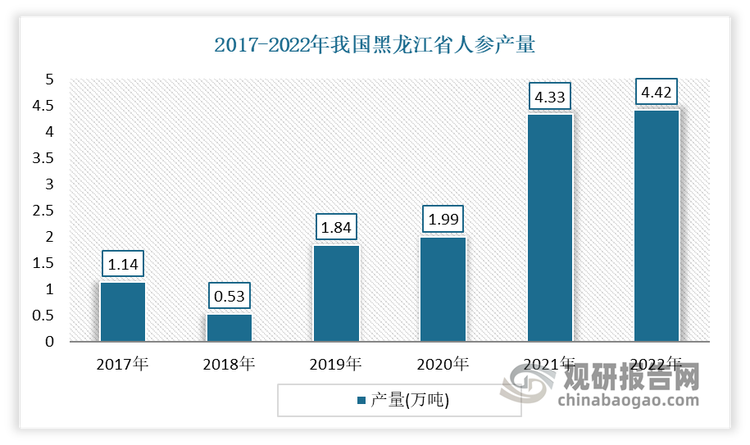 黑龍江不僅是我國第一大人參產(chǎn)區(qū)，也是我國最大鮮參供應(yīng)產(chǎn)區(qū)，鮮參供應(yīng)量占全國 70%左右。黑龍江人參種植歷史悠久，目前已有四到五百年的種植歷史，在哈爾濱、牡丹江、伊春、綏化、雞西、佳木斯、七臺河、雙鴨山、龍江森工、伊春森工等地均有大面積種植區(qū)。近年黑龍江省在《黑龍江省人參產(chǎn)業(yè)發(fā)展規(guī)劃(2021-2025年)》等系列政策的推動下，人參種植面積已超30萬畝，年產(chǎn)量已超4萬噸。數(shù)據(jù)顯示，2022年我國黑龍江省人參產(chǎn)量約為4.42萬噸，占總產(chǎn)量50.22%。