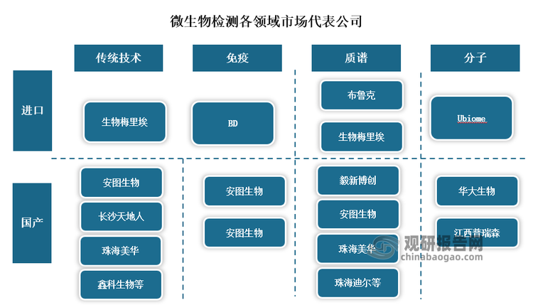 從細(xì)分領(lǐng)域來(lái)看，不同微生物檢測(cè)技術(shù)領(lǐng)域，其代表廠家不一。例如在相對(duì)成熟的傳統(tǒng)技術(shù)和免疫檢測(cè)領(lǐng)域，外資龍頭（代表企業(yè)生物梅里埃、BD）和國(guó)內(nèi)大型企業(yè)（代表企業(yè)安圖生物、鑫科生物）主導(dǎo)市場(chǎng)。在質(zhì)譜技術(shù)領(lǐng)域，國(guó)外代表企業(yè)有布魯克（BD合作代理）、生物梅里埃（與島津合作，島津提供儀器技術(shù)，梅里埃提供微生物菌種庫(kù)），國(guó)內(nèi)代表企業(yè)有毅新博創(chuàng)、安圖生物、珠海迪爾等。在分子診斷技術(shù)領(lǐng)域，代表企業(yè)有華大生物、江西普瑞森、美國(guó)Ubiome。但總體來(lái)看，這些個(gè)細(xì)分領(lǐng)域均是由國(guó)外企業(yè)占據(jù)著主要市場(chǎng)。