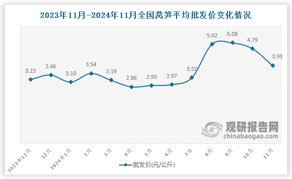 数据显示，近十三月全国莴笋平均批发价呈先降后升趋势。2024年11月全国莴笋平均批发价为3.93元/公斤，环比下降18%，同比增长21.7%。