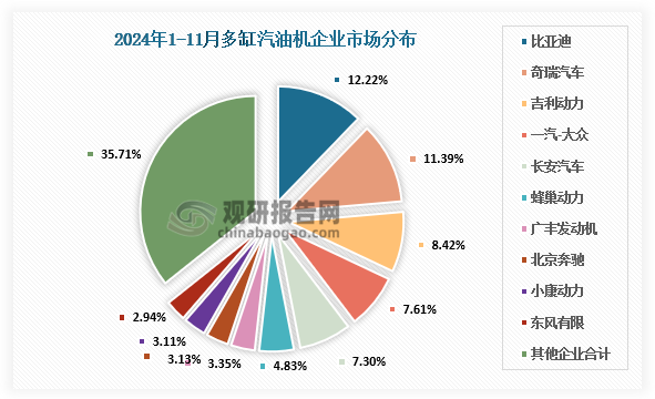 企业市场分布来看，2024年11月多缸汽油机销量208.90万台，环比增长9.99%，同比增长6.73%；1-11月累计销量1786.20万台，同比下降1.15%。在45家多缸汽油机企业中比亚迪、奇瑞、吉利、一汽-大众、长安汽车、蜂巢动力、广丰发动机、北京奔驰、小康动力、东风有限销量排在前列，占总销量的64.29%。在销量较多的企业中，比亚迪、奇瑞、吉利动力、小康动力累计销量增势表现突出。