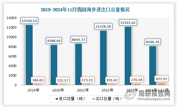 我国是海参净进口国，且贸易始终维持逆差状态，存在一定进口替代空间。具体来看，近年来我国海参进口总量（包括冻海参，干、盐腌、盐渍海参等等，下同）始终维持在0.8万吨以上，且在2022年突破1万吨，2023年继续上升至1.2万吨。但到了2024年，其进口量出现下滑，2024年1-11月约为0.81万吨，相较2023年同期同比减少21.29%。出口方面，近年来我国海参出口总量始终很小，不超过500吨。但自2021年起，其出口量不断增长，2024年1-11月更是爆发式增长至437.93吨，已超过2023年全年出口数据，相较2023年同期同比大幅增长87.37%。