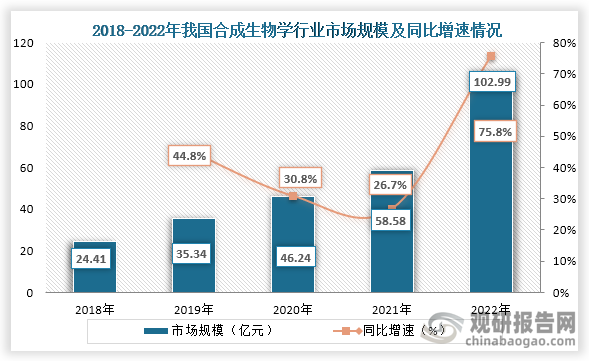 合成生物学是生物学领域的前沿研究方向，我国政府发布了一系列行业政策来支持合成生物学发展。而在政策支持的背景下我国合成生物学市场规模不断扩大。数据显示，到2022年我国合成生物学行业市场规模为102.99亿元，同比增长75.8%。