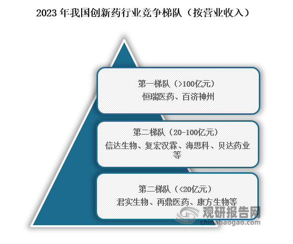 从行业竞争梯队来看，位于我国创新药行业第一梯队的企业为恒瑞医药、百济神州，营业收入在100亿元以上；位于行业第二梯队的企业为信达生物、复宏汉霖、海思科、贝达药业等，营业收入在20亿元到100亿元之间；位于第三梯队的企业为君实生物、再鼎医药、康方生物等，营业收入在20亿元以下。