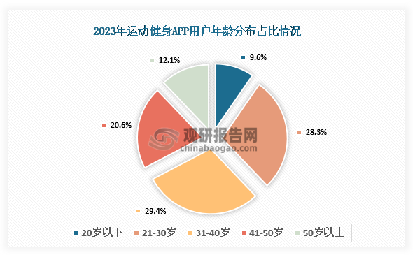 用户年龄占比来看，2023年运动运动健身APP用户年龄分别为20岁以下、21-30岁、31-40岁、41-50岁、50岁以上。其中31-40岁占比29.4%，占比最大；21-30岁占比28.3%。