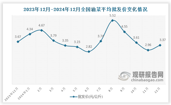 数据显示，近十三月全国油菜平均批发价呈先升后降再升趋势。2024年12月全国油菜平均批发价为3.37元/公斤，环比增长13.9%，同比下降8.2%。