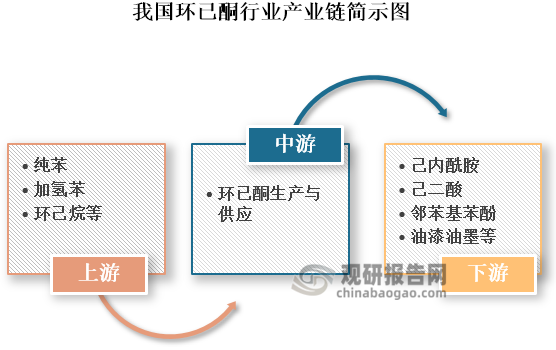 环已酮是一种有机化合物，为羰基碳原子包括在六元环内的饱和环酮。其是一种无色透明的液体，具有特殊的气味，通常带有泥土气息或薄荷味。我国环已酮行业起步于20世纪50年代，经过几十年的发展，其已经形成了完整的产业链结构。具体来看，我国环已酮产业链上游主要原材料包括纯苯、加氢苯、环己烷等；中游为环已酮生产与供应，目前国内主流生产工艺包括水合法、氧化法和苯酚加氢法；下游为应用领域，环已酮不仅是一种重要的化工原料，用于生产己内酰胺、己二酸、邻苯基苯酚等化工产品，其还可以作为溶剂使用，具备高溶解性、低挥发性等优良特性，用于油漆、油墨等领域。