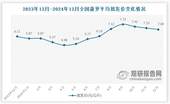 数据显示，近十三月全国菠萝平均批发价呈先降后升再降趋势。2024年12月全国菠萝平均批发价为7.04元/公斤，环比下降2.6%，同比增长15.2%。