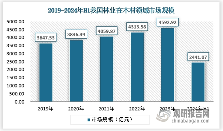 木材領(lǐng)域是我國林業(yè)最大的需求應(yīng)用市場，常見的木材需求是原木和木材加工品，原木是指未經(jīng)加工的木材，主要用于建筑、家具制造等，木材加工產(chǎn)品則主要包括包括家具、人造板、紙漿等，需求不斷增加。2024年上半年林業(yè)在木材領(lǐng)域市場規(guī)模約為2441.07億元。