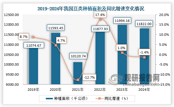 種植面積來看，2022年我國豆類種植面積同比增長最大，同比增長17.4%；到2024年我國豆類種植面積約為11822千公頃，同比下降1.4%。近六年，我國豆類種植面積整體呈先升后降再升再降走勢。