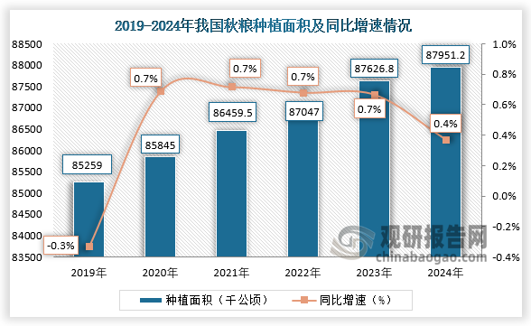 種植面積來看，近六年，我國秋糧種植面積保持增長趨勢。2024年我國秋糧種植面積約為87951.2千公頃，同比增長0.4%。