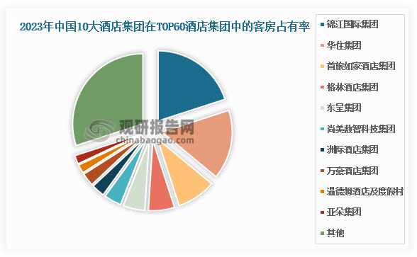 市场份额来看，2023年我国前十大酒店集团，分别为锦江国际集团、华住集团、首旅如家酒店集团、格林酒店集团、东呈集团、尚美数智科技集团、洲际酒店集团、万豪酒店集团、温德姆酒店及度假村、亚朵集团。其中锦江国际集团客房数量占TOP60酒店集团客房数量比例接近20%，位列各酒店集团之首；华住酒店集团客房占比约16%；首旅如家酒店集团客房数量占比约为8.78%。