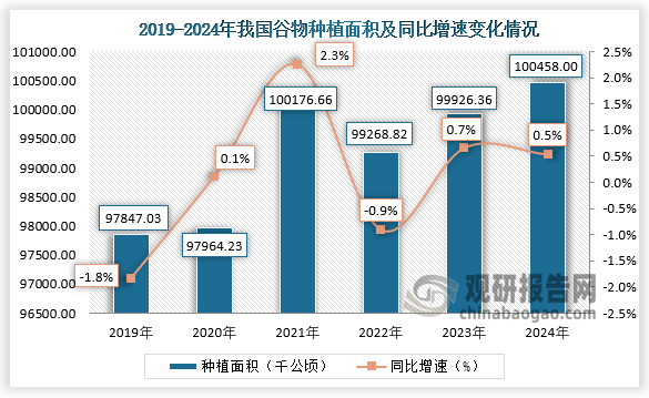 種植面積來看，2021年我國谷物種植面積約為100176.66千公頃，同比增長2.3%；到2024年我國谷物種植面積約為100458千公頃，同比增長0.5%。近六年，我國谷物種植面積整體呈先升后降再升走勢(shì)。