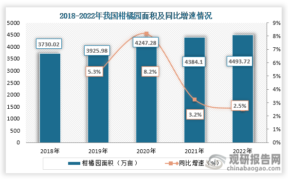 柑橘是我國面積最大、產(chǎn)量最高的水果。從柑橘園面積來看，2018年到2022年我國柑橘園面積持續(xù)增長，到2022年我國柑橘園面積為4493.72萬畝，同比增長2.5%，在全國園林水果面積中所占的比重為23.03%。