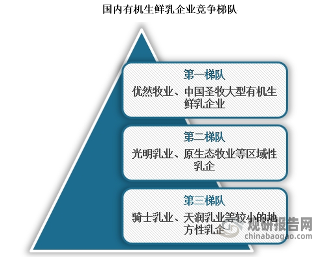 根據(jù)乳制品企業(yè)的經(jīng)營范圍、渠道覆蓋程度及規(guī)模，我國有機(jī)生鮮乳可分為三大梯隊(duì)：第一梯隊(duì)是處于行業(yè)龍頭地位的優(yōu)然牧業(yè)和中國圣牧，屬于大型有機(jī)生鮮乳企業(yè)，其銷售網(wǎng)點(diǎn)遍布廣泛，產(chǎn)品結(jié)構(gòu)豐富、品牌影響力強(qiáng)、渠道鋪設(shè)完善，同時具備顯著規(guī)模優(yōu)勢，領(lǐng)先地位穩(wěn)固;第二梯隊(duì)是以光明乳業(yè)、原生態(tài)牧業(yè)為代表的區(qū)域性乳企，在重點(diǎn)經(jīng)營的區(qū)域內(nèi)具備較高的市占率、品牌知名度、消費(fèi)者忠誠度及較完善的渠道網(wǎng)絡(luò);第三梯隊(duì)是騎士乳業(yè)、天潤乳業(yè)等規(guī)模較小的地方性乳企，其經(jīng)營區(qū)域僅為部分省內(nèi)及周邊地區(qū)，在經(jīng)營區(qū)域內(nèi)具備一定知名度。