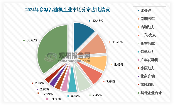 企业市场分布来看，2024年全年销量2001.77万台，同比增长0.30%。在45家多缸汽油机企业中比亚迪、奇瑞、吉利、一汽-大众、长安汽车、蜂巢动力、广丰发动机、小康动力、北京奔驰、东风有限销量排在前列，占总销量的64.33%。在销量较多的企业中，比亚迪、奇瑞、吉利动力、小康动力累计销量增势表现突出。