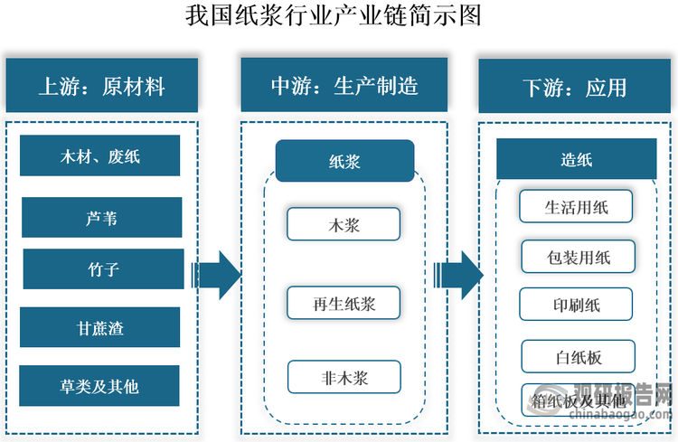 纸浆是以植物纤维为原料，经过不同加工方法制得的纤维状物质，是造纸工业的主要原材料‌。其产业链上游主要包括木材、废纸、芦苇、竹子、甘蔗渣、草类等原材料。中游为纸浆生产制造，按原料来源不同，其主要分为木浆（以木材为原料）、再生纸浆（以废纸为原料）和非木浆（以芦苇、竹子、甘蔗渣等为原料）三大类。其中非木浆又可以分为苇浆、竹浆、蔗渣浆、稻麦草浆等。下游为应用领域，其被广泛应用于生活用纸、包装用纸、印刷纸等各种纸制品的生产中。