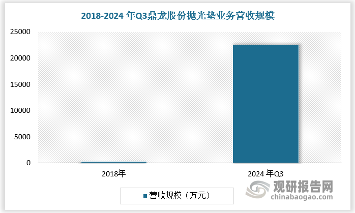 鼎龙股份在国内抛光垫领域处于领先地位。鼎龙股份在CMP抛光垫领域布局较早，在 2012 年启动 CMP 抛光垫研发项目，2016 年一期项目正式投产。鼎龙股份是国内唯一掌握 CMP 抛光垫全流程核心研发技术和生产工艺的CMP 抛光垫生产商，在产品品类、产能、供应链管理与产品品质等方面存在优势。2018 年，鼎龙股份CMP抛光垫营收仅为 315 万元，2024 年Q3，鼎龙股份 CMP 抛光垫业务营收达到2.25亿元，同比增长 90%，环比增长 38%，单季度营收创历史新高。