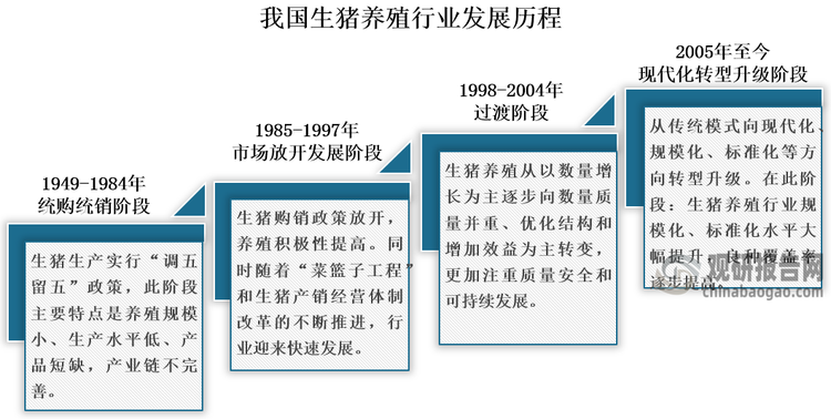 生猪养殖是经过种猪繁育、仔猪育肥等一系列培育和繁殖直到商品肉猪的过程，期间经历了纯种猪--能繁母猪（二元）--商品肉猪（三元）等阶段。生猪养殖行业是我国畜牧养殖产业的重要组成部分，也是国民经济中的重要支柱产业之一。自1949年新中国成立以来，我国生猪养殖行业经历了统购统销阶段、市场放开发展阶段、过渡阶段，目前处于现代化转型升级阶段，正从传统模式向现代化、规模化、标准化等方向转型升级。