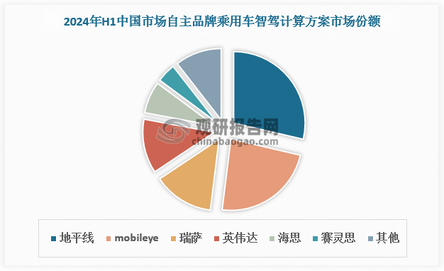 尽管国外供应商在市场竞争中处于优势地位，但国内供应商不甘落后，近年来不断积极追赶，已占据一定市场份额。根据数据，2024 年H1，中国市场自主品牌乘用车智能驾驶计算方案（覆盖从 L0 到 L2++的低中高阶智能驾驶）中，地平线凭借征程2/3/5三款计算方案（覆盖低、中、高阶全场景智驾量产需求），以28.65%的占比位居市场第一，其后为 mobileye（23.3%）、瑞萨（13.7%）、英伟达（12.3%）、海思（7.2%）、赛灵思（4.3%）。