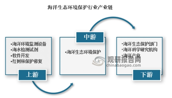 海洋生态环境保护行业上游主要为海洋环境监测设备、相关软件开发、海水检测试剂以及红树林保护修复等；行业下游为海洋生态保护部门、海洋科学研究机构和其他海洋产业等。