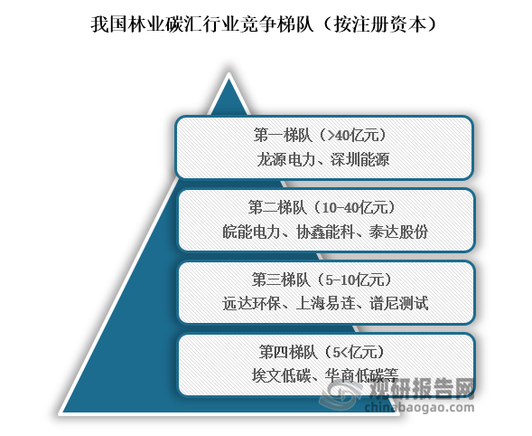 从行业竞争格局来看，我国林业碳汇主要可分为四个竞争梯队，其中位于行业第一梯队的企业为龙源电力、深圳能源，注册资本大于40亿元；其次为皖能电力、协鑫能科、泰达股份，注册资本为10亿元到40亿元；位于行业第三梯队的企业为远达环保、上海易连、谱尼测试，注册资本为5亿元到10亿元；位于行业第三梯队的企业为埃文低碳、华商低碳等，注册资本小于5亿元。